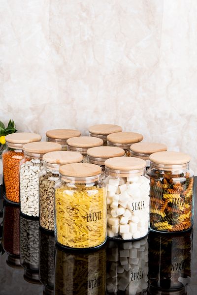 Dolkin Home Set of 12 800 ml Glass Jars with Wooden Vacuum Lids Set of Pulses with Transparent Labels