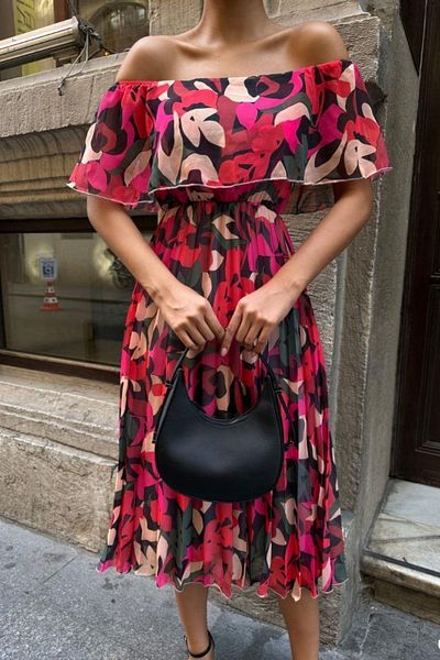 Mossta Red Pleated Madonna Collar Dress