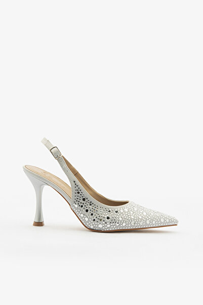 SAYL Сребърни сатенени обувки с камъни, връзващи се на китката, с отворена пе...