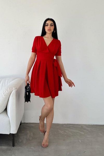 Mossta Red V-Neck Belted Flared Dress