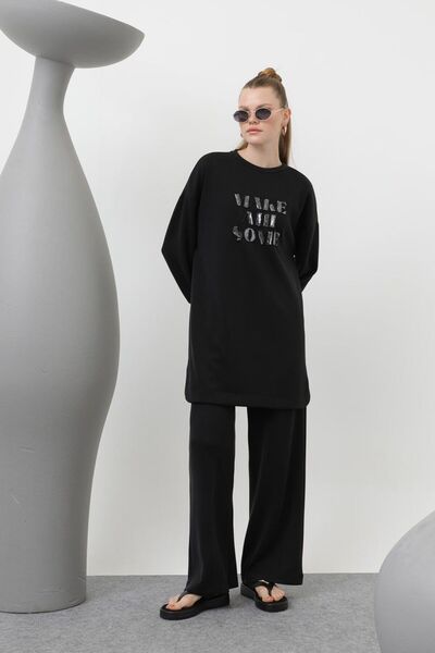 Puane Modal Kumaş Pul Yazı Detaylı Tesettür İkili Takım