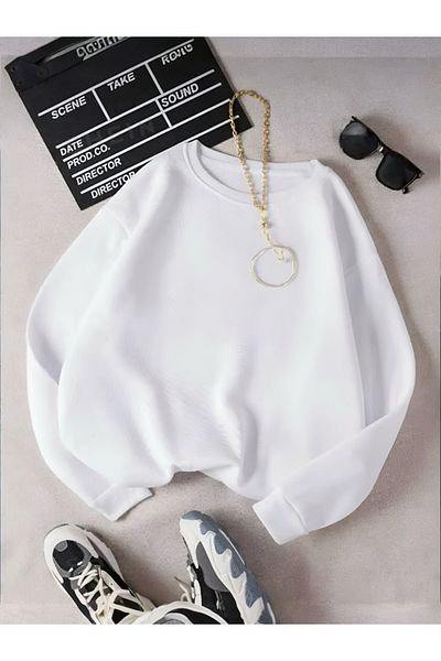 BLYDE LAYY Women's 3 Thread White Plain Crew Neck Sweatshirt