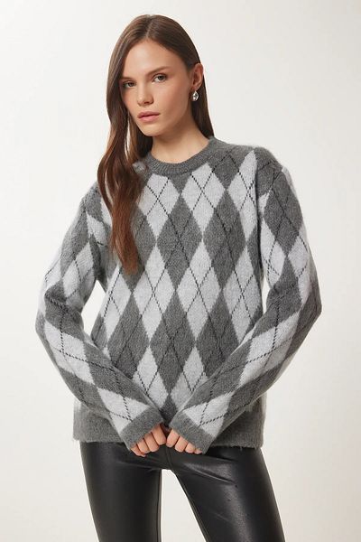 Namaste Vintage Smoked - Wool Pile Sweater with Diamond Pattern in Gray Colors (M/L)