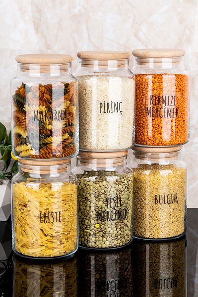 Dolkin Home Set of 6 800 ml Wooden Vacuum Lid Glass Jar Pulses Set with Transparent Labels