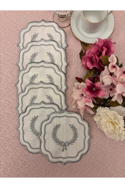 Mustgross 6 Pieces Fabric Presentation Napkins - Coffee Side Embroidered Presentation Napkin, Cocktail Napkin
