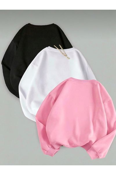 BLYDE LAYY Women's 3 Thread Black-White-Pink Plain Crew Neck Sweatshirt Set of 3
