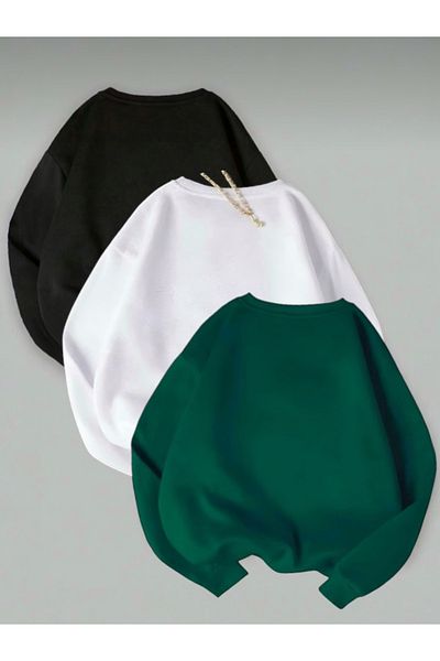 BLYDE LAYY Set de 3 hanorace pentru femei, negru-alb-verde, cu 3 fire