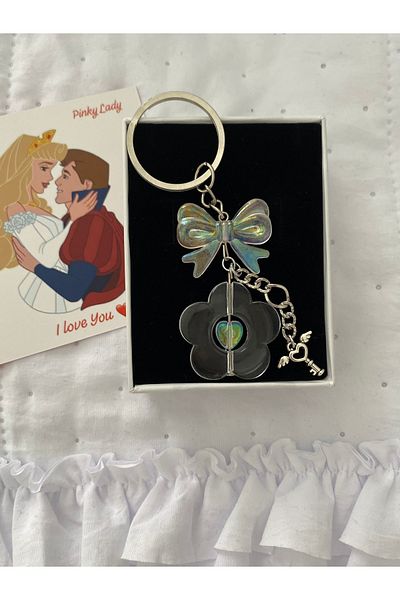 Pinky Lady Hologram Flower Bow Keychain