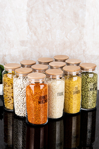 Dolkin Home Set of 12 1300 ml Wooden Vacuum Lid Glass Jar Pulses Set with Transparent Labels