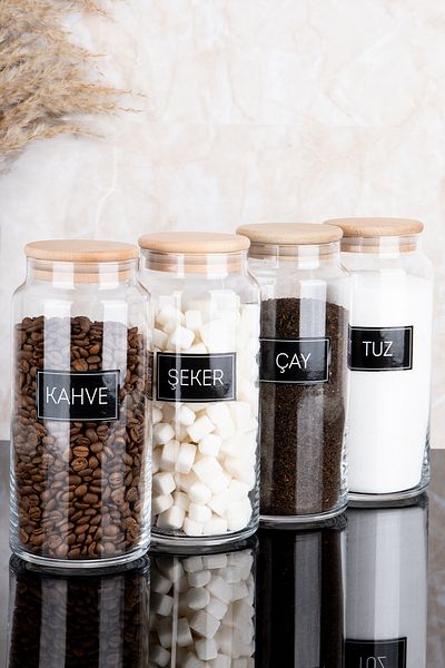 Dolkin Home Set of 4 Wooden Vacuum Lids Tea Sugar Coffee Salt Black Labeled Glass Jar Set Storage Container 1300ml