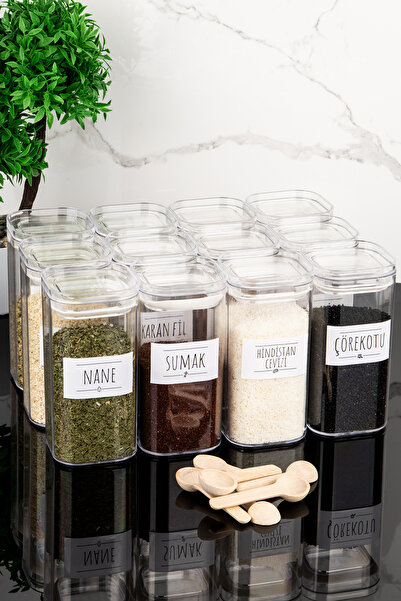 Dolkin Home Set of 12 White Label Mica Spice Jars with Spoon and 300 ml Vacuu...