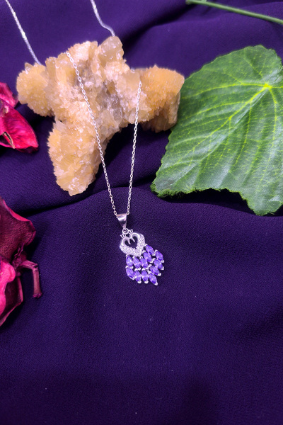 Agai Silver Aşık Çift Tavus Kuşu Model Ametist ve Zirkon Taşlı 925 Ayar Gümüş Kolye