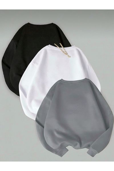 BLYDE LAYY Women's 3 Thread Black-White-Smoked Plain Crew Neck Sweatshirt Set of 3