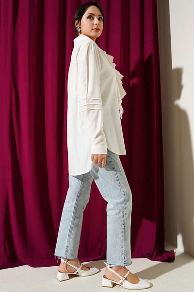 Lavanta Tekstil Frilly Lace Collar Linen Shirt