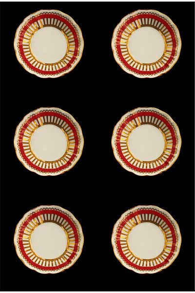 DUKKANI ISTANBUL Porcelain Tea Plate and Gawa Cup for 6 Persons Points Gold with Mırralı Tea Plate Red