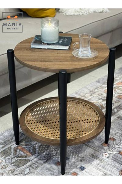 MARIA HOMES Round Wooden Side Table With Rattan Shelf Compact & Stylish Design, 45x55cm