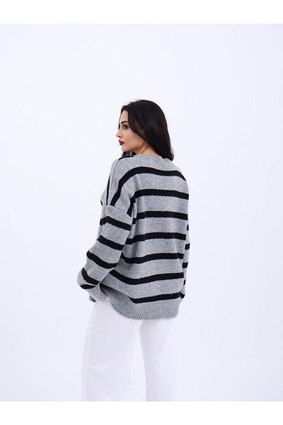 COTTONLAB 43111 Knitwear Striped Sander Sweater-Gray-Black