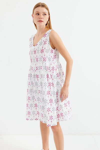 modaserdem 2507 V-Neck Patterned Mini Dress - White