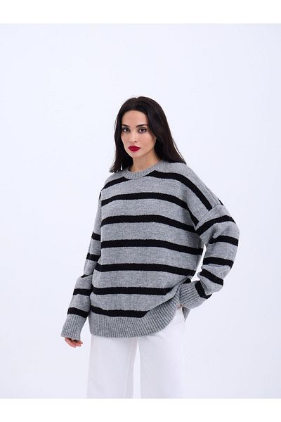 COTTONLAB 43111 Knitwear Striped Sander Sweater-Gray-Black