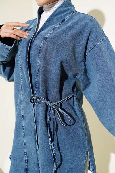 Lavanta Tekstil Blue Side Rope Tie Denim Kimono