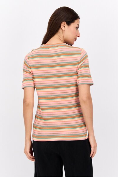 Scotch & Soda Women Crew Neck Short Sleeve Textured T-Shirts, Orange Combo