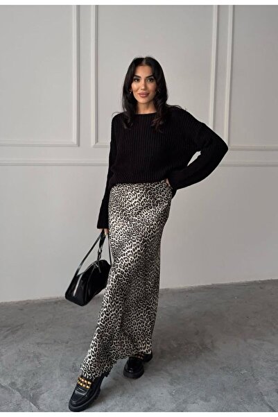 POİSE Yüksek Bel Saten Maxi Dökümlü Etek