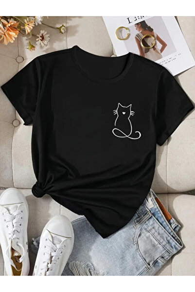 EXPECTED Unisex Μαύρο Oversize T-shirt με στάμπα γάτας από βαμβάκι, άνετη εφα...