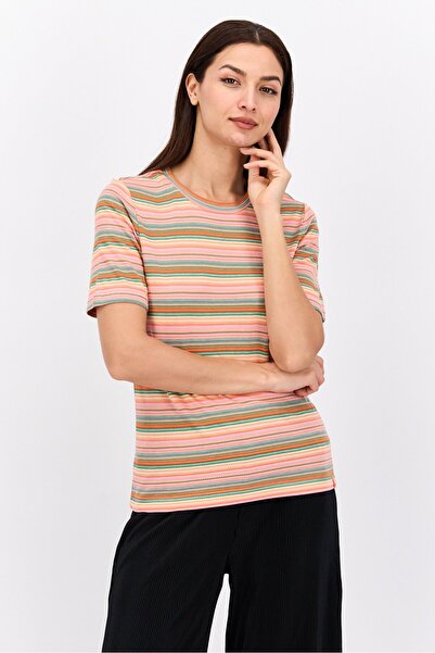 Scotch & Soda Women Crew Neck Short Sleeve Textured T-Shirts, Orange Combo