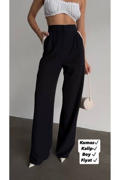 POİSE High Waist Black Palazzo Pants with White Stripe on Sides