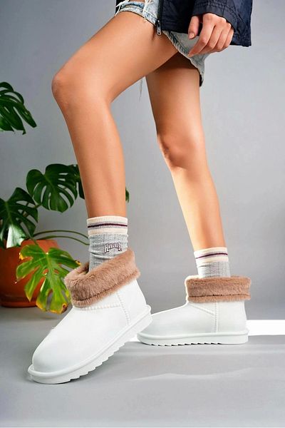 ufukmoda Mordi White Oval Toe Waterproof Boots with Fur Inside