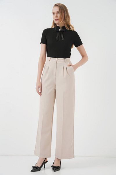 leyla sanat sanata yeni bir bakış açısı Leyla Sanat Sanata a New Perspective 6647 Wide Leg Fabric Pants - Cream