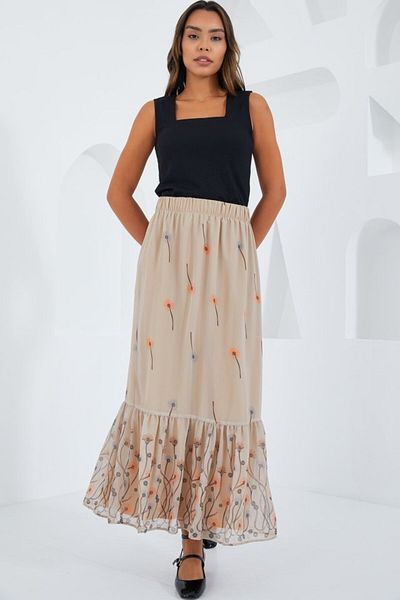 modaserdem Cream Patterned Chiffon Skirt 8010