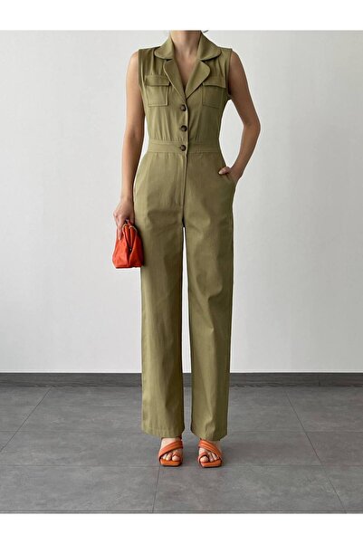 owwon Women's Khaki Sleeveless Special Design Gabardine Jumpsuit