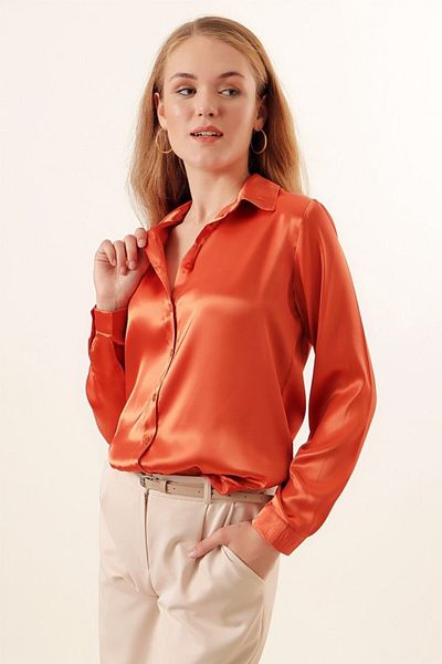 modaserdem 3964 Lightly Flowing Satin Shirt - Orange