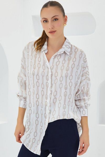 modaserdem Beige White Patterned Oversize Satin Shirt 3985