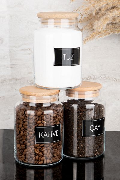 Dolkin Home Set of 3 Wooden Vacuum Lids Tea Coffee Salt Black Labeled Glass Jars Storage Container 800 ml