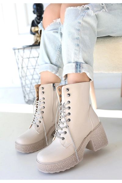 ufukmoda Morliy Beige Leather Laced Boots