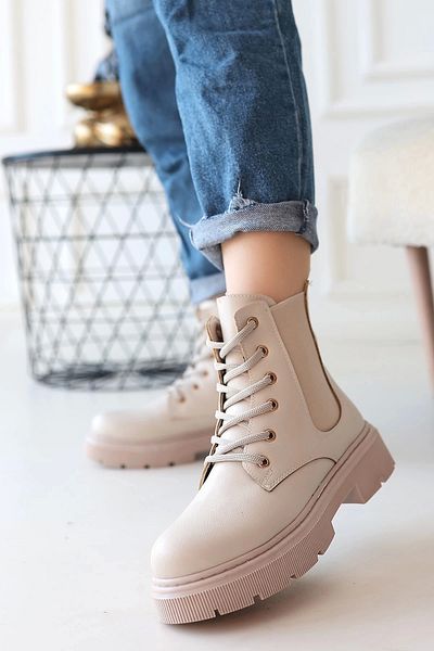 ufukmoda Daum Beige Skin Lace up Boots