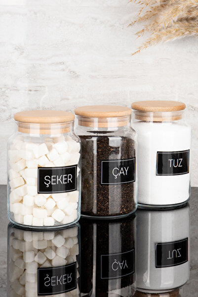 Dolkin Home 3'lü Ahşap Vakum Kapaklı Çay Şeker Tuz Siyah Etiketli Cam Kavanoz...