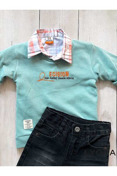 yavrucak kıds Stylish Boys' 3-Piece Set – Green Sweatshirt, Shirt, Denim Pants |   Daily & Holiday