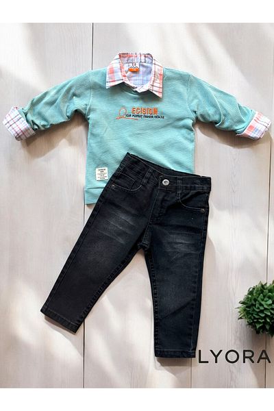 yavrucak kıds Stylish Boys' 3-Piece Set – Green Sweatshirt, Shirt, Denim Pants |   Daily & Holiday