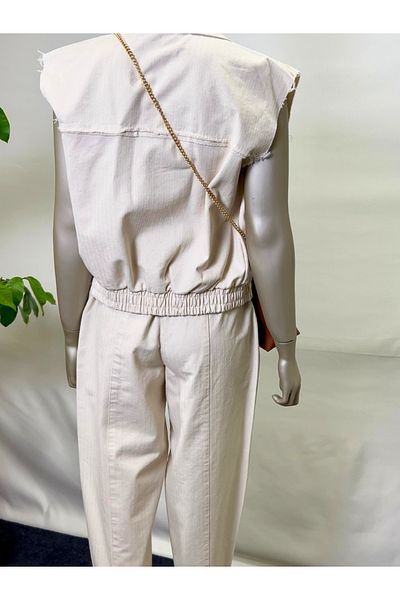 owwon Beige Vest - Trousers Double Linen Set
