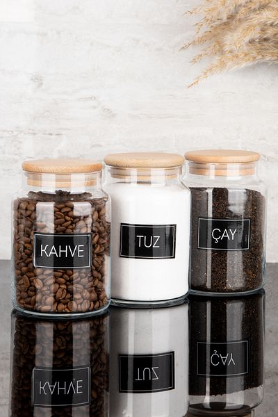 Dolkin Home Set of 3 Wooden Vacuum Lids Tea Coffee Salt Black Labeled Glass Jars Storage Container 800 ml