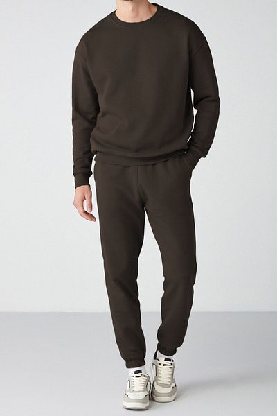 ruNadeS Καφέ Regular Fit Regular Fit Basic Σετ αθλητικής φόρμας με χοντρό φλις εσωτερικά και λαιμόκοψη
