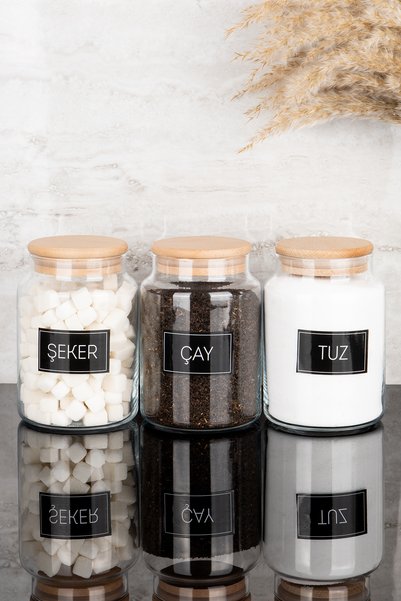 Dolkin Home Set of 3 Wooden Vacuum Lids Tea Sugar Salt Black Labeled Glass Jar Storage Container 800 ml