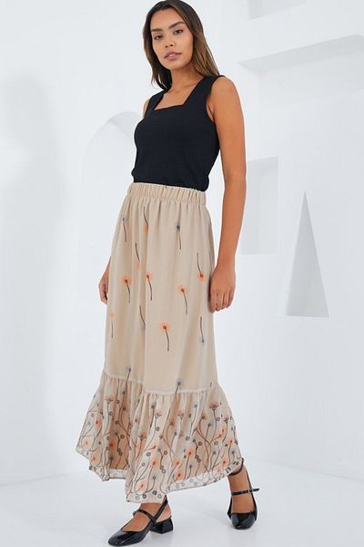 modaserdem Cream Patterned Chiffon Skirt 8010
