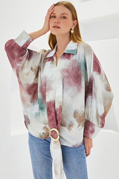 Bijuterria Gül Kurusu Ekru Oversize Dökümlü Saten Gömlek 907