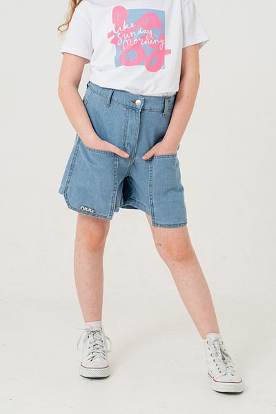 GİYİCEM TEKSTİL Girl's Top Pocket Denim Shorts 2857