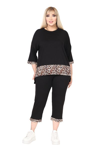 MELSAY Women's Black Leopard Detailed Elastic Waist Large Size Top and Bottom Set