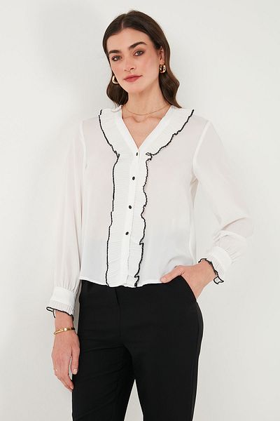 Lela Standard Fit V-Neck Ruffle Long Sleeve Shirt Shirt 611Go00341